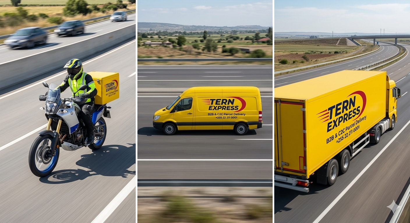 Tern Express fleet on the highway: a motorbike courier, a yellow delivery van and a yellow freight truck
